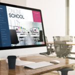 computer with online school screen at business office 3d rendering