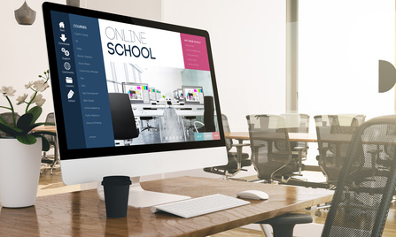 computer with online school screen at business office 3d rendering